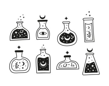 El yapımı kara büyü iksirleri cam şişede yapraklı dallar, yıldızlar, gezegen ve beyaz arka planda izole edilmiş hilal şeklinde ay. Simya şişeleri. Büyücülük ikonu. Boho şık dövme..