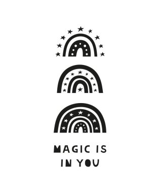 İçinde harf büyüsü olan siyah gökkuşağı ve noktalar var. Beyaz arka planda izole edilmiş yıldızlar. Bohem bebek posteri.