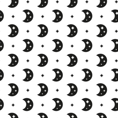 Hilal ay ve yıldızlı siyah beyaz boho deseni. Bohem modern arka plan. Göksel ambalaj kağıdı.