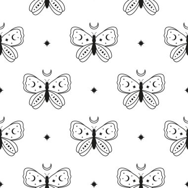 Hilal ay, ana hatları kelebekler ve yıldızlar olan siyah beyaz boho desenleri. Bohem modern arka plan. Göksel ambalaj kağıdı.