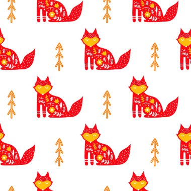 Karalama tilkileri, köknar ağaçları ve İskandinav halk sanatı tarzında İskandinav süslemeleri olan kusursuz beyaz desenler..