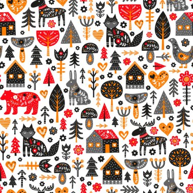 Karalama hayvanları, ağaçlar, evler, çiçekler, mantarlar ve İskandinav halk sanatı tarzında İskandinav süslemeleriyle kusursuz desen..