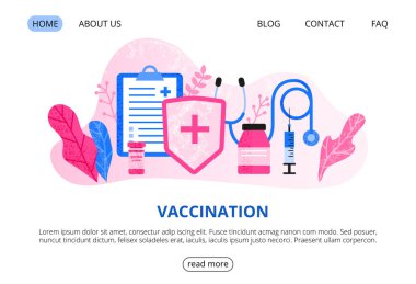 Büyük tıbbi şırınga, steteskop, kalkan, boş form, haplar ve yapraklarla dolu bir web sayfası şablonu. Aşı zamanı. İniş sayfası kavramı. Modern düz vektör arkaplanı.