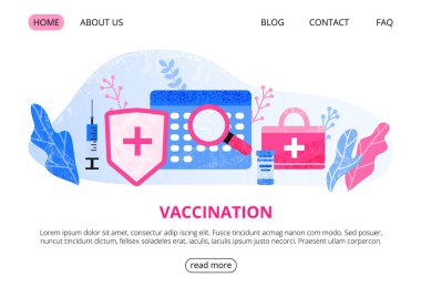Büyük tıbbi şırınga, haplar, kalkan, takvim, silindir ve yapraklarla dolu bir web sayfası şablonu. Aşı zamanı. İniş sayfası kavramı. Modern düz vektör arkaplanı.