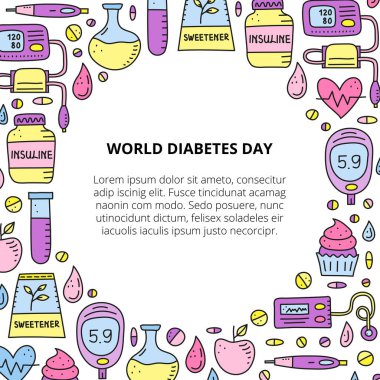 İçinde insülin kalem, pompa, tonometre, kan damlası, glukometre, kek, matara, tatlandırıcı, kalp, test tüpü ve beyaz arka planda izole edilmiş metin bulunan karalama renkli diyabet ürünleri bulunan poster.