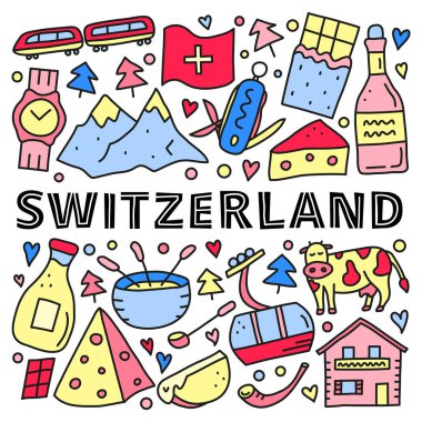 Peynir, çikolata, teleferik, tren, inek, Alp dağları, dağ evi, fondü, alphorn, şarap, süt vs. gibi beyaz arka planda izole edilmiş renkli İsviçre seyahat simgelerini içeren poster.