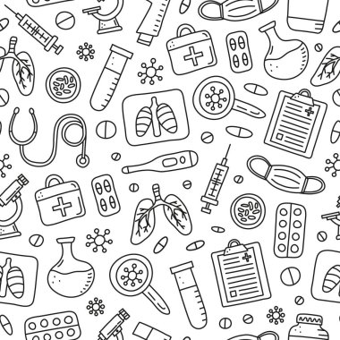 Akciğer röntgeni, tıbbi maske, mikroskop, termometre, şırınga, hoparlör, bakteri, cep spreyi gibi karalama anahatlı tüberküloz maddeleri içeren siyah ve beyaz desenli..