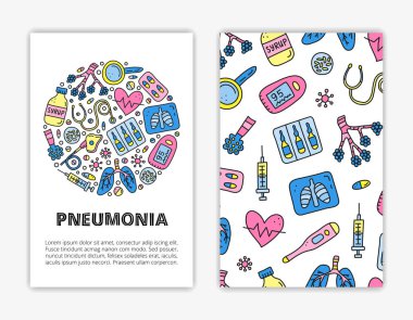 Kart şablonlarında alveol, akciğer, x-ray, öksürük şurubu, kalp, yoğun bakım solunum cihazı, nabız oksimetresi, aşı ampulleri gibi karalama renkli pnömoni simgeleri var. Kullanılan kırpma maskesi.