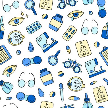 Pürüzlü göz, pipet şişesi, kornea, boş pano, lens kutusu, gözlük, otomatik fraktometre gibi karalama renkli göz bilimi simgeleriyle kusursuz desen..