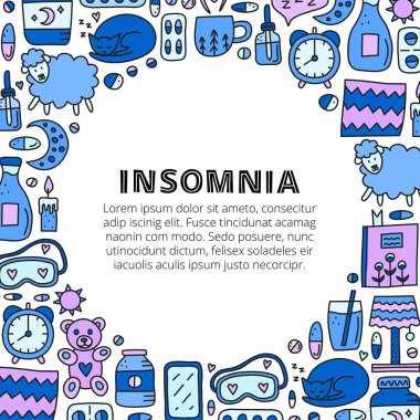 Yastık, saat, süt, koyun, ay, hap, kitap, akıllı telefon, kedi, uyku maskesi, oyuncak ayı vb. 'yi de içeren harf ve karalama renkli uykusuzluk ve yatak zamanı simgeleri içeren posterler beyaz arka planda izole edilmiş..