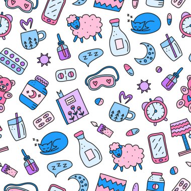 Yastık, saat, süt, koyun, ay, hap, kitap, akıllı telefon, kedi, uyku maskesi, oyuncak ayı, vb. dahil olmak üzere karalama rengi uykusuzluk ve yatak zamanı simgeleriyle kusursuz desen..