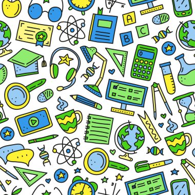 Çizik renkli eğitimli kusursuz desen, bilgisayar, telefon, cetvel, dünya, bölücü, lamba, kulaklık, hesap makinesi, kum saati, kitap, vs. gibi e-öğrenme simgeleri.