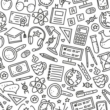 Karalama eğitimi, e-öğrenim simgeleri, bilgisayar, telefon, cetvel, dünya, bölücü, lamba, kulaklık, hesap makinesi, kum saati, kitap, vb..