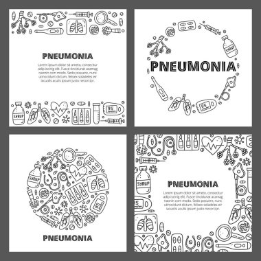Harf ve karalama pnömoni simgelerini içeren kartlar; alveol, akciğer, x-ray, öksürük şurubu, kalp, yoğun solunum cihazı, nabız oksimetresi, aşı ampulleri, vb..