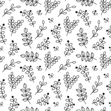 Siyah beyaz desenli, yapraklı dallar, yabani otlar ve böğürtlenlerle..