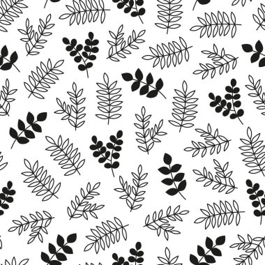 Siyah ve beyaz dikişsiz desenli ana hatlı yapraklı dallar ya da yabani otlar.