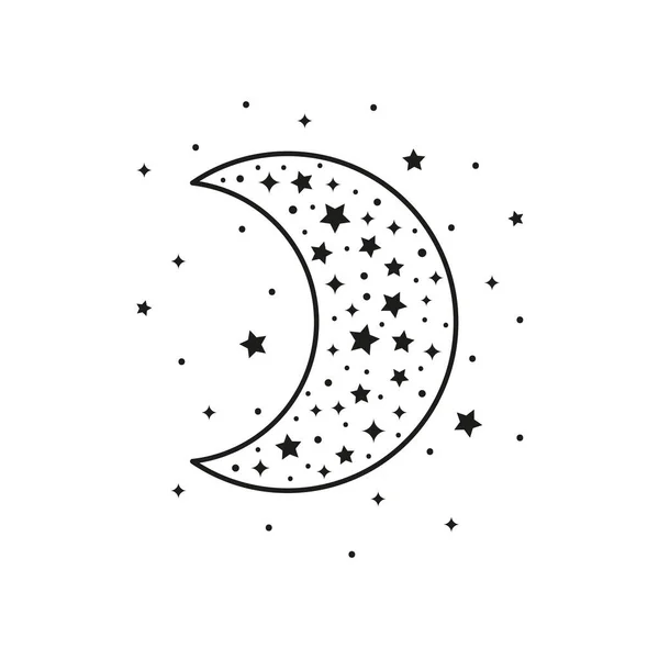 Delinear Crescente Boêmio Com Estrelas Pontos Isolados Fundo Branco Luna — Vetor de Stock
