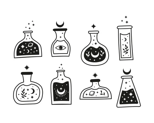 Potions Magiques Noires Dessinées Main Dans Une Bouteille Verre Avec — Image vectorielle