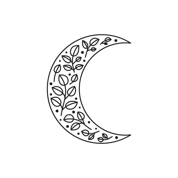 ボヘミアンアウトライン白い背景に孤立した葉の枝と花の三日月 ウィッチー 錬金術神秘的な魔法のお守り 神秘的な棒法記号 — ストックベクタ