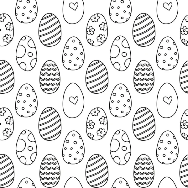 Black White Seamless Pattern Cute Doodle Outline Easter Eggs — Stock Vector