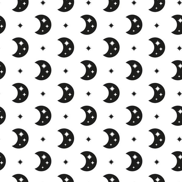 Patrón Boho Blanco Negro Sin Costuras Con Luna Creciente Estrellas — Archivo Imágenes Vectoriales