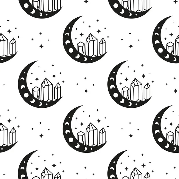 三日月 ムーンフェイズと星と黒と白のBohoシームレスなパターン ボヘミアの近代的背景 天体包装紙 — ストックベクタ