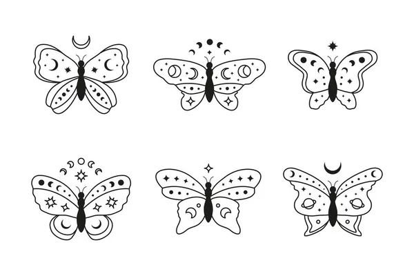白地に星 三日月 ムーンフェイズが孤立した手描きのアウトライン天体蝶のセット 魔法の魔術師 神話のイラスト — ストックベクタ