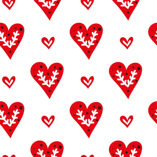 Beyaz Pürüzsüz Desenli Karalama Kırmızısı Kalpler Skandinav Halk Sanatı Tarzında — Stok Vektör