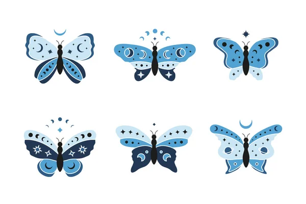 白い背景に星 三日月 ムーンフェイズと手描きの青天体蝶のセット 魔法の魔術師 神話のイラスト — ストックベクタ