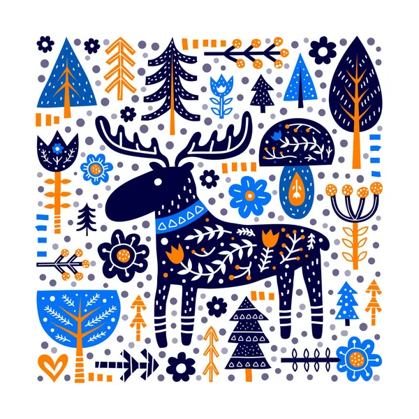 스칸디나비아 양식의 말코손바닥사슴 의나무 노르딕 장식품이 포스터는 배경에 포스터 프린트에 — 스톡 벡터
