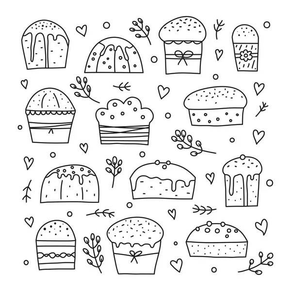 Set Doodle Outline Easter Kulich Cakes Christmas Panettones Pussy Willows — Stock Vector
