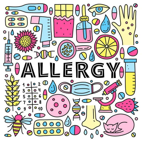 Poster Lettering Doodle Colored Allergy Icons Including Skin Rash Runny — Stock Vector