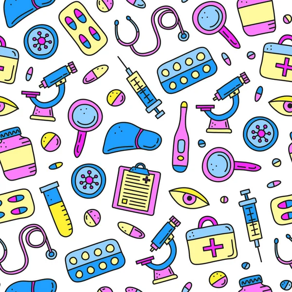 Απρόσκοπτη Μοτίβο Doodle Χρωματισμένα Ηπατίτιδα Ιατρικά Εικονίδια Συμπεριλαμβανομένων Του Ήπατος — Διανυσματικό Αρχείο