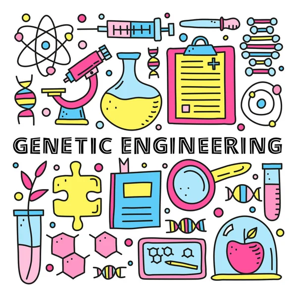 Affisch Med Bokstäver Och Klotformiga Genetiska Ingenjörsikoner Inklusive Dna Mikroskop — Stock vektor
