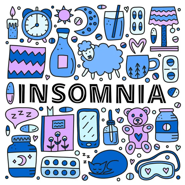 Poster Lettering Doodle Colored Insomnia Bed Time Icons Including Pillow — Stock Vector