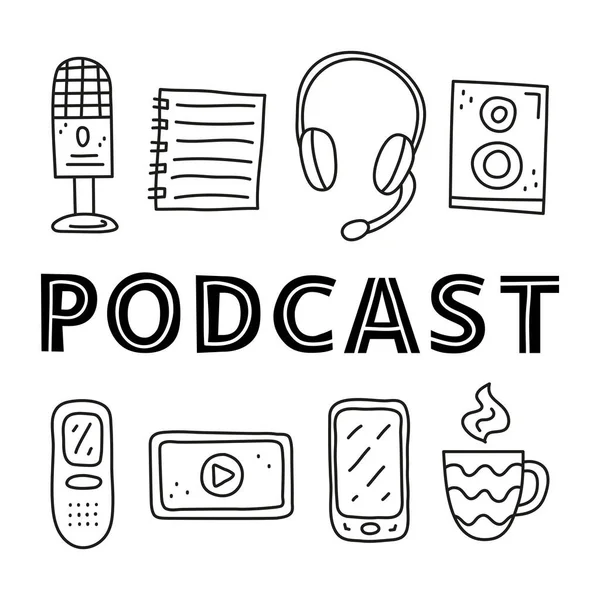 Poster Met Belettering Doodle Omtrek Podcast Pictogrammen Met Inbegrip Van — Stockvector