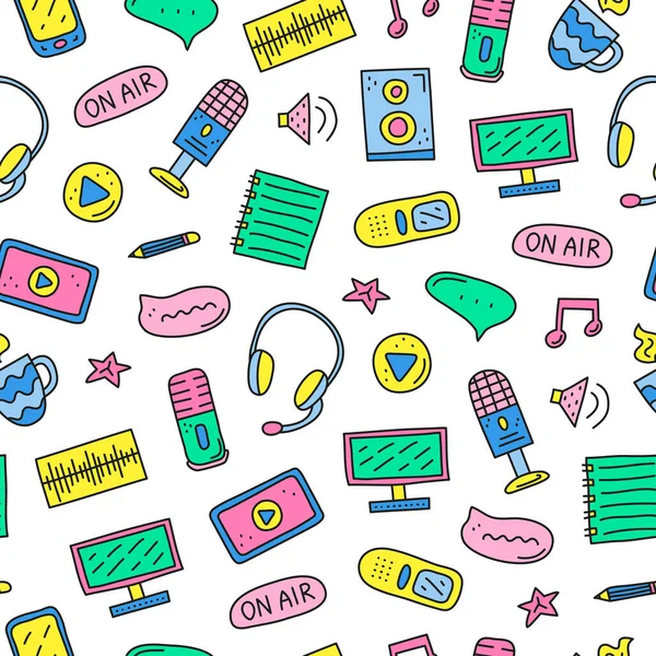 Sömlösa Mönster Doodle Färgade Podcast Ikoner Inklusive Smartphone Tablett Hörlurar — Stock vektor
