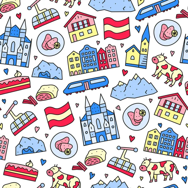 Seamless pattern with doodle colored Austria icons including Vienna Cathedral, train, chalet house, church, Alpine mountains, cow, cave, flag, schnitzel, strudel, etc.