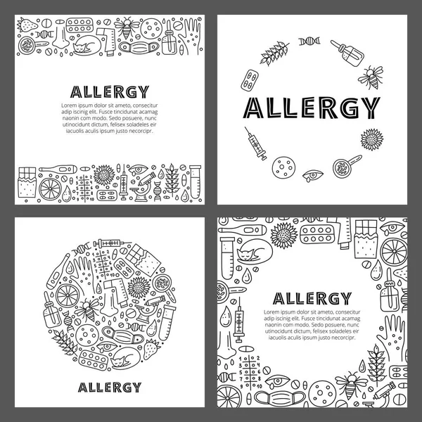 Kaartenset Met Belettering Doodle Outline Allergie Iconen Waaronder Huiduitslag Runny — Stockvector