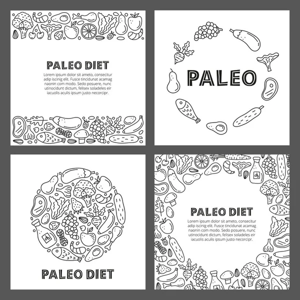 Conjunto Tarjetas Con Letras Bosquejo Delinear Paleo Alimentos Incluyendo Pescado — Vector de stock