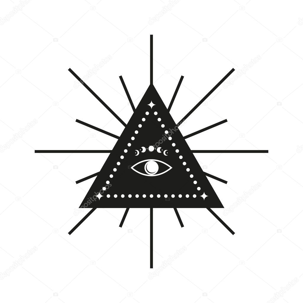 Third eye in triangle shape with starburst isolated on white background. Bohemian illustration. Eye of God. Alchemy esoteric talisman. Magical tarot card. Occult symbol.