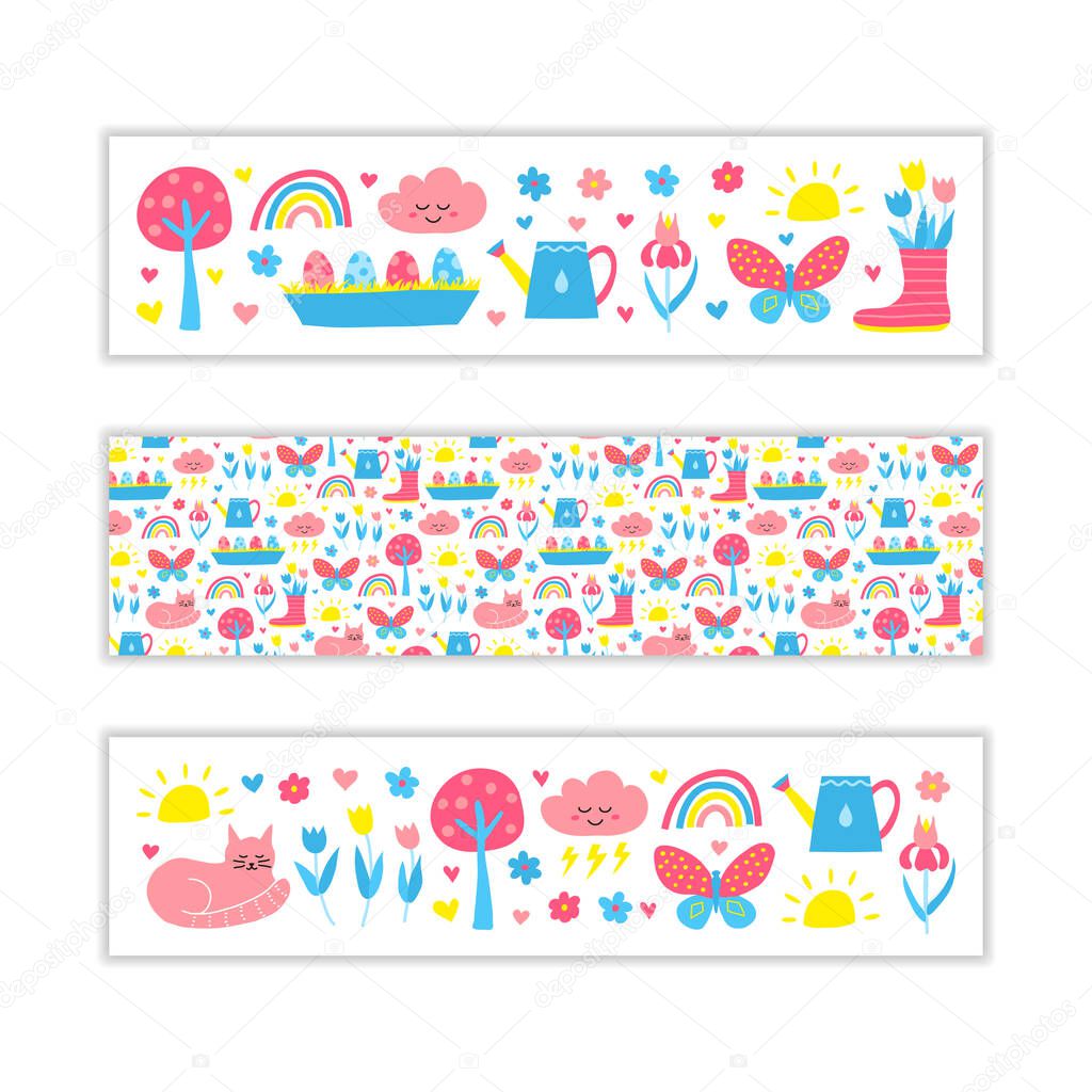 Horizontal banners with colorful doodle spring icons. Used clipping mask.