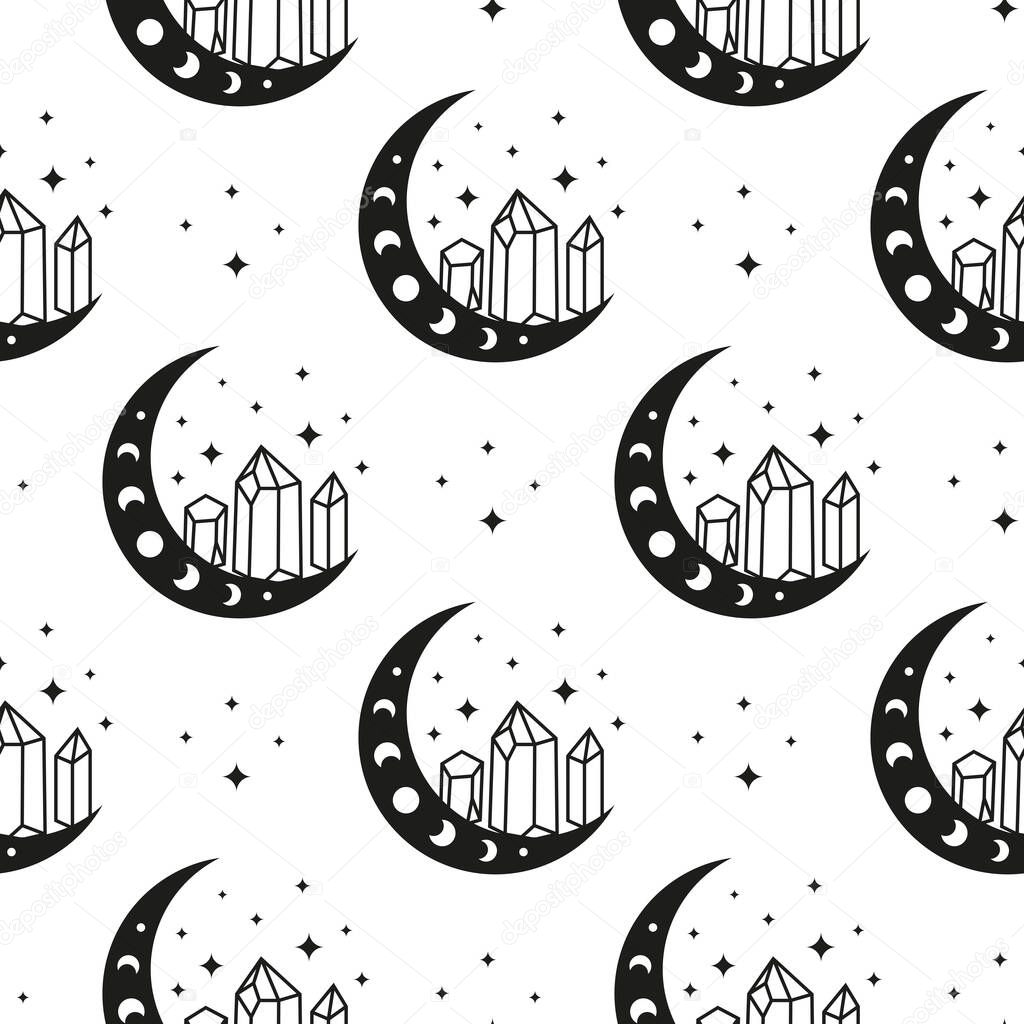 Black and white boho seamless pattern with crescents, crystals, moon phases and stars. Bohemian modern background. Celestial wrapping paper.