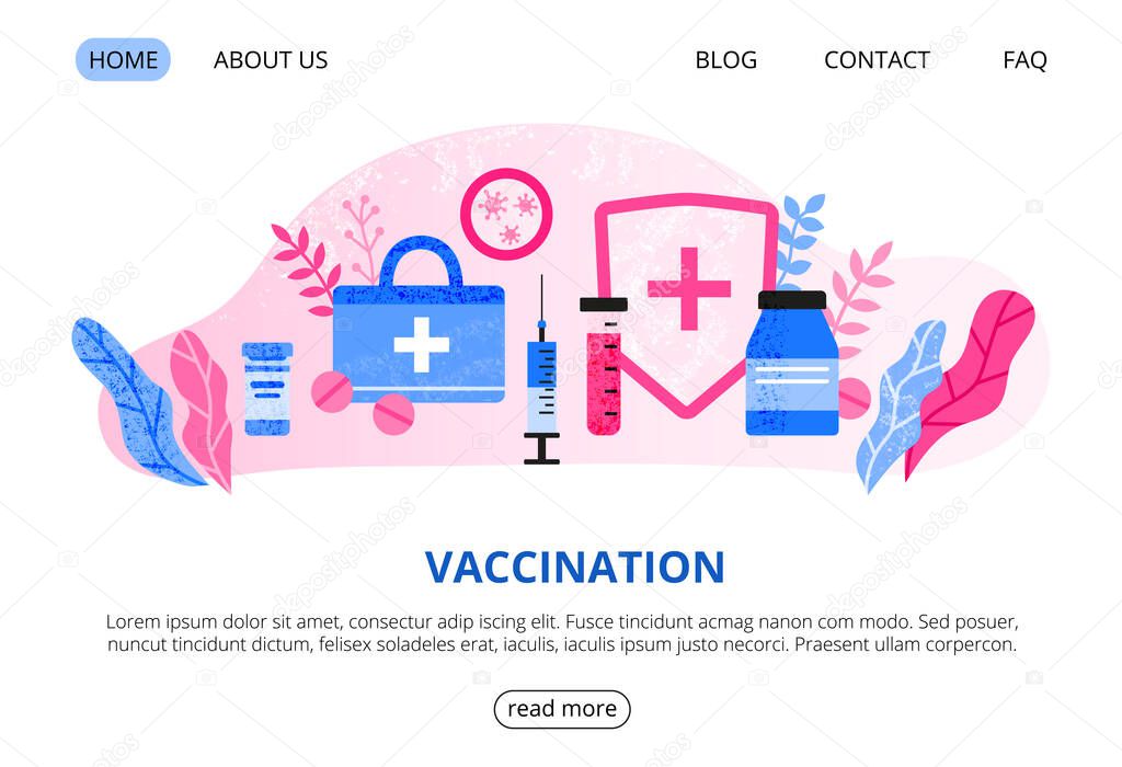 Web page template with big medical syringe, pills, shield, virus, leaves. Time to vaccination. Landing page concept. Modern flat vector background.