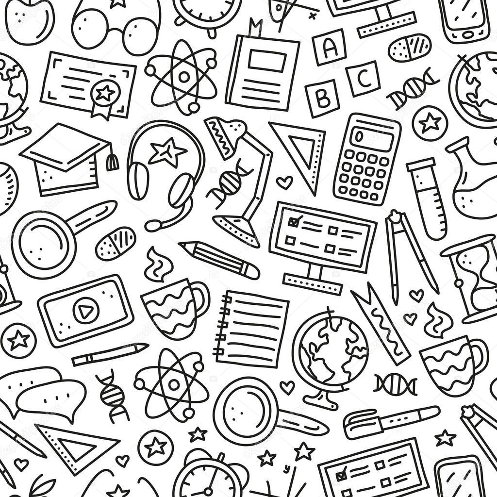 Black and white seamless pattern with doodle outline education, e-learning icons including computer, phone, ruler, globe, divider, lamp, headphones, calculator, hourglass, book, etc.