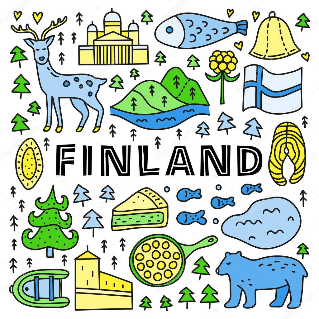 Poster with lettering and doodle colored Finland icons including Helsinki Cathedral, deer, lake, cloudberry, Olaf's castle, pastry, meatballs, fish, bear, flag, etc isolated on white background.