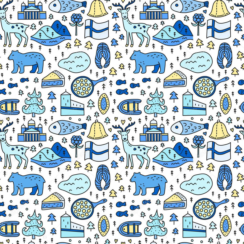 Seamless pattern with doodle colored Finland icons including Helsinki Cathedral, deer, lake, cloudberry, Olaf's castle, pastry, meatballs, fish, bear, flag, etc.