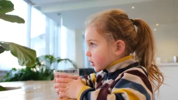 Profil kleines Mädchen nimmt Glas Wasser und trinkt Wasser zu Hause Küche — Stockvideo
