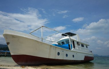 A white ship is being repaired on the shore with small ships sailing in the background