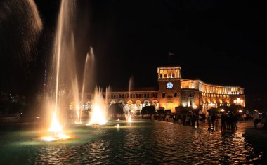Dancing fountain at Republic Square in the evening in Yerevan, Armenia